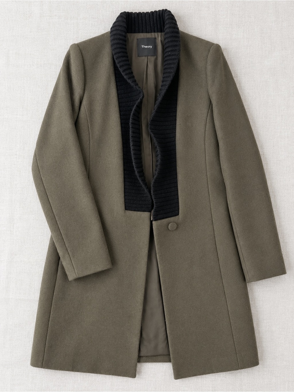 Theory Olive Green Trench Coat with Black Knit Shawl Collar